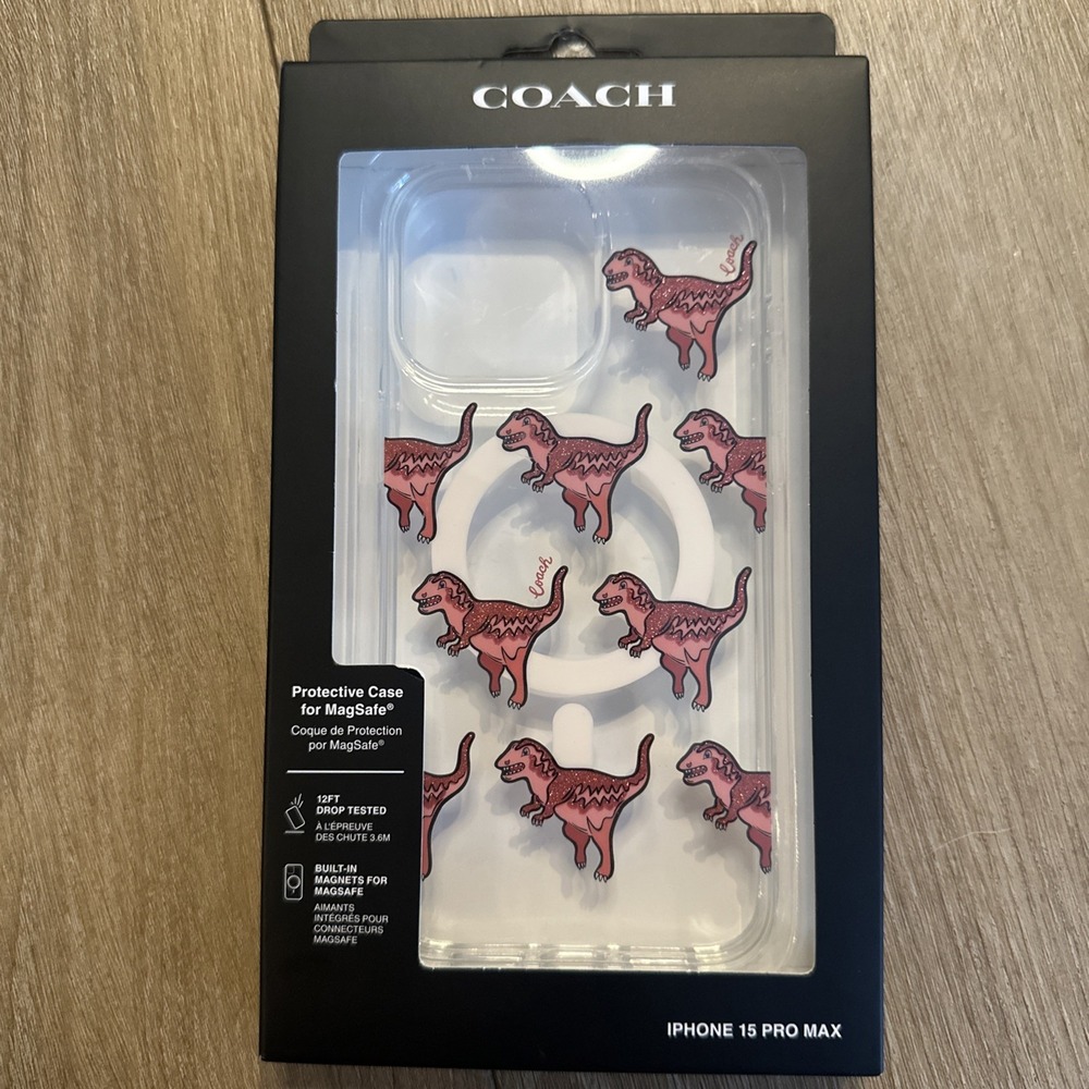 Coach Clear iPhone 15 Pro Max Case with Pink Dinosaur Motif